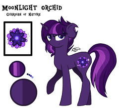 Size: 1316x1151 | Tagged: safe, artist:gallantserver, oc, oc only, oc:moonlight orchid, pony, unicorn, eye clipping through hair, female, horn, magical lesbian spawn, mare, offspring, parent:princess luna, parent:twilight sparkle, parents:twiluna, raised hoof, reference sheet, simple background, solo, standing, tail, transparent background, unicorn oc