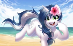 Size: 2048x1287 | Tagged: safe, artist:fenwaru, oc, oc only, pony, unicorn, :d, beach, cute, flower, flower in hair, looking at you, open mouth, open smile, smiling, solo, water, watermark