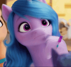 Size: 640x605 | Tagged: safe, screencap, izzy moonbow, sunny starscout, pony, unicorn, g5, my little pony: a new generation, spoiler:my little pony: a new generation, 3d, animated, blue mane, blurry background, bracelet, cropped, eyebrows, female, gif, horn, jewelry, mare, nodding, offscreen character, purple eyes, solo focus, unshorn fetlocks