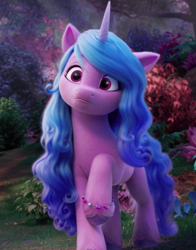 Size: 630x804 | Tagged: safe, screencap, izzy moonbow, pony, unicorn, g5, my little pony: a new generation, spoiler:my little pony: a new generation, 3d, blue mane, blue tail, bracelet, confused, cropped, cute, female, horn, izzybetes, jewelry, long mane, mare, outdoors, raised hoof, solo, tail, unshorn fetlocks
