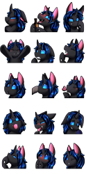 Size: 2349x4739 | Tagged: safe, artist:pridark, oc, oc only, oc:swift dawn, changeling, blue changeling, blue eyes, blushing, boop, bottle, changeling oc, commission, crossed arms, disembodied hoof, drunk, emotes, expressions, eyes closed, fangs, frog (hoof), heart, hug, male, simple background, smiling, solo, stallion, tongue out, transparent background, underhoof