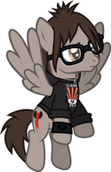 Size: 900x1386 | Tagged: safe, artist:lightningbolt, derpibooru exclusive, pegasus, pony, g4, .svg available, clandestine industries, clothes, feathered wings, flying, frown, glasses, hood, hoodie, jewelry, male, mikey way, my chemical romance, necklace, ponified, rolled up sleeves, show accurate, simple background, solo, spread wings, stallion, svg, transparent background, vector, wings, wristband