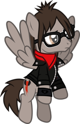 Size: 900x1386 | Tagged: safe, artist:lightningbolt, derpibooru exclusive, pegasus, pony, g4, .svg available, clothes, feathered wings, flying, frown, glasses, jacket, jewelry, leather jacket, male, mikey way, my chemical romance, necklace, ponified, rolled up sleeves, scarf, show accurate, simple background, solo, spread wings, stallion, svg, three cheers for sweet revenge, transparent background, vector, wings, wristband