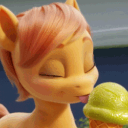 Size: 402x402 | Tagged: safe, screencap, plucky pumpkin, pony, g5, my little pony: a new generation, 3d, animated, cropped, eyes closed, food, gif, ice cream, licking, random pony, smiling, solo, tongue out, young