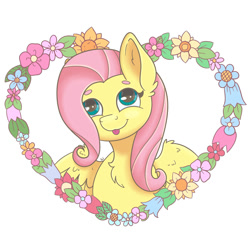 Size: 2000x2000 | Tagged: safe, artist:starlight-j, fluttershy, pegasus, pony, g4, :p, bust, chest fluff, cute, ear fluff, flower, frame, high res, looking up, pastel, shyabetes, simple background, solo, tongue out, white background