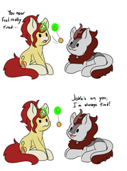 Size: 3700x5000 | Tagged: safe, artist:noxi1_48, oc, oc only, oc:holy sword, oc:treble pen, kirin, pony, unicorn, comic, dialogue, duo, fail, hypnosis, simple background, white background