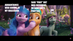 Size: 1920x1080 | Tagged: safe, edit, edited screencap, screencap, hitch trailblazer, izzy moonbow, mint grove, earth pony, pony, unicorn, g5, my little pony: a new generation, 3d, female, male, mare, meme, stallion