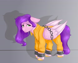 Size: 4096x3323 | Tagged: safe, artist:mustarddreams, pipp petals, pegasus, pony, g5, my little pony: a new generation, adorapipp, bad end, bound wings, clothes, commission, cuffs, cute, female, mare, prison outfit, prisoner pipp, sad, solo, wings