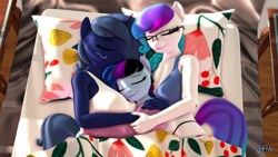 Size: 1920x1080 | Tagged: safe, artist:anthroponiessfm, oc, oc:aurora starling, oc:maple cake, oc:midnight music, anthro, 3d, anthro oc, breasts, cleavage, clothes, cuddling, cute, daaaaaaaaaaaw, eyes closed, glasses, height difference, holding hands, sleeping, smiling, snuggling, source filmmaker, tank top, wholesome