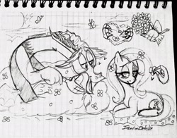 Size: 2048x1603 | Tagged: safe, artist:naquelinedelch2, discord, fluttershy, butterfly, draconequus, pony, g4, bush, eyelashes, female, floating, flower, flower in hair, grayscale, heart, lined paper, male, monochrome, paper, ship:discoshy, shipping, signature, spanish description, straight, sun, traditional art