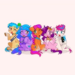 Size: 2048x2048 | Tagged: safe, artist:blairvonglitter, hitch trailblazer, izzy moonbow, pipp petals, sunny starscout, zipp storm, earth pony, pegasus, pony, unicorn, g5, my little pony: a new generation, spoiler:my little pony: a new generation, :p, ;p, adorapipp, adorazipp, badge, ball, cellphone, cute, female, high res, hoof hold, horn, hornball, izzy's tennis ball, male, mane five, mare, monster energy, one eye closed, phone, royal sisters (g5), sash, siblings, sisters, stallion, tennis ball, tongue out, wing hold, wings, wink