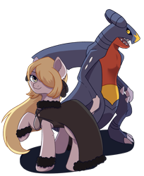 Size: 1131x1386 | Tagged: safe, artist:morrigun, earth pony, garchomp, pony, clothes, crossover, cynthia, duo, eyes open, female, hair over one eye, long hair, mane, mare, pokémon, ponified, simple background, standing, transparent background