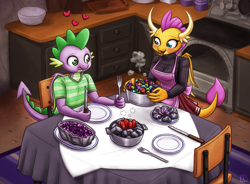 Size: 2713x2000 | Tagged: safe, artist:king-kakapo, smolder, spike, dragon, anthro, g4, apron, breasts, busty smolder, clothes, dinner, dragoness, duo, female, fork, gem, high res, kitchen, knife, lizard breasts, male, ship:spolder, shipping, straight, table