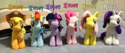 Size: 3264x1392 | Tagged: safe, applejack, fluttershy, pinkie pie, rainbow dash, rarity, twilight sparkle, g4, 4de, bronybait, hug request, hugpony poses, irl, mane six, photo, plushie