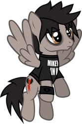 Size: 929x1401 | Tagged: safe, artist:lightningbolt, derpibooru exclusive, pegasus, pony, g4, .svg available, clothes, eyeliner, eyeshadow, feathered wings, flying, frown, makeup, male, mikey way, my chemical romance, ponified, shirt, show accurate, simple background, solo, spread wings, stallion, svg, t-shirt, the black parade, transparent background, vector, wings, wristband