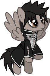 Size: 929x1401 | Tagged: safe, artist:lightningbolt, derpibooru exclusive, pegasus, pony, g4, .svg available, clothes, eyeliner, eyeshadow, feathered wings, flying, frown, jacket, makeup, male, mikey way, my chemical romance, ponified, show accurate, simple background, solo, spread wings, stallion, svg, the black parade, transparent background, vector, wings