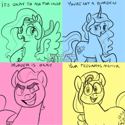 Size: 2048x2048 | Tagged: safe, artist:queertrixie, izzy moonbow, pipp petals, sprout cloverleaf, sunny starscout, pony, g5, my little pony: a new generation, spoiler:my little pony: a new generation, adorapipp, cute, high res, meme, motivational, murder is okay, one of these things is not like the others, watermark