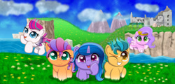 Size: 1280x615 | Tagged: safe, artist:spellboundcanvas, hitch trailblazer, izzy moonbow, pipp petals, sunny starscout, zipp storm, earth pony, pegasus, pony, unicorn, g5, my little pony: a new generation, spoiler:my little pony: a new generation, adorapipp, adorazipp, cliff, cute, flower, flying, grass, hitchbetes, izzybetes, looking at you, mane five, one eye closed, royal sisters (g5), ruins, siblings, sisters, smol, squishy cheeks, sunnybetes, wink, winking at you