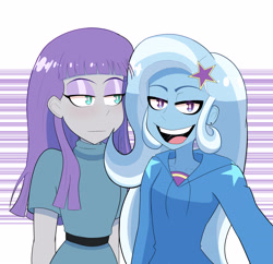 Size: 3839x3712 | Tagged: safe, artist:lyonzyon, maud pie, trixie, human, equestria girls, g4, abstract background, clothes, duo, eyebrows, eyelashes, female, hairpin, high res, hoodie, lesbian, open mouth, ship:mauxie, shipping, white pupils