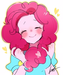 Size: 1707x2048 | Tagged: safe, artist:ku_rimo, pinkie pie, equestria girls, g4, blushing, bust, cute, diapinkes, eyes closed, female, heart, simple background, smiling, solo, white background