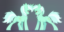 Size: 1843x934 | Tagged: safe, artist:xbi, lyra heartstrings, pony, unicorn, g4, female, gradient background, looking at each other, mare, self ponidox, symmetrical