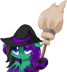 Size: 1235x1324 | Tagged: safe, artist:loyaldis, oc, oc only, oc:mintybatty, pony, broom, clothes, hat, simple background, socks, solo, stockings, striped socks, thigh highs, transparent background, witch hat