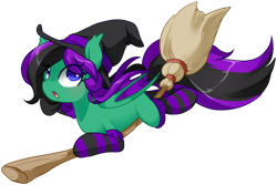 Size: 1494x1000 | Tagged: safe, artist:loyaldis, oc, oc only, oc:mintybatty, pony, broom, clothes, flying, flying broomstick, hat, simple background, socks, solo, stockings, striped socks, thigh highs, transparent background, witch hat