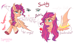 Size: 2106x1212 | Tagged: safe, artist:spoosha, sunny starscout, bat pony, pony, g5, my little pony: a new generation, spoiler:my little pony: a new generation, alternate hairstyle, apple, bat ponified, chest fluff, drool, food, race swap, simple background, speech bubble, tongue out, white background