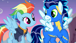 Size: 1280x720 | Tagged: safe, artist:mlplary6, rainbow dash, soarin', pegasus, pony, g4, the last problem, clothes, female, flying, grin, looking at each other, male, mare, older, older rainbow dash, older soarin', older soarindash, ship:soarindash, shipping, smiling, smiling at each other, spread wings, stallion, straight, uniform, wings, wonderbolts uniform