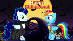 Size: 1280x720 | Tagged: safe, artist:mlplary6, rainbow dash, soarin', pegasus, pony, g4, clothes, costume, female, halloween, holiday, looking at each other, male, mare, nightmare night, ship:soarindash, shipping, smiling, smiling at each other, stallion, straight