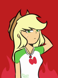 Size: 828x1111 | Tagged: safe, artist:saraflamx, applejack, equestria girls, g4, blonde, drawing, fanart, freckles, green eyes, hat, red background, simple background