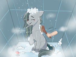 Size: 1024x768 | Tagged: safe, artist:valkiria, marble pie, earth pony, human, pony, g4, blushing, brushie, cute, eye clipping through hair, eyebrows, eyebrows visible through hair, eyes closed, female, marblebetes, pony pet, shower, soap bubble, solo