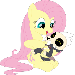 Size: 3497x3523 | Tagged: safe, artist:porygon2z, fluttershy, pegasus, pony, titan, g4, broken horn, collar, crossover, duo, duo male and female, eyes closed, female, high res, horn, king clawthorne, male, open mouth, pet tag, show accurate, simple background, skull, the owl house, tickling, transparent background, vector