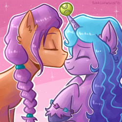 Size: 4724x4724 | Tagged: safe, artist:demonnox98, izzy moonbow, sunny starscout, earth pony, pony, unicorn, g5, my little pony: a new generation, spoiler:my little pony: a new generation, absurd resolution, ball, cute, eyes closed, female, izzy's tennis ball, izzybetes, izzyscout, kissing, lesbian, nose kiss, shipping, sunnybetes, tennis ball