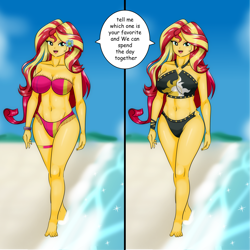 Size: 3000x3000 | Tagged: safe, artist:chuyryu, sunset shimmer, human, equestria girls, equestria girls specials, g4, my little pony equestria girls: better together, my little pony equestria girls: forgotten friendship, barefoot, beach, beach babe, beach shorts swimsuit, beautiful x, belly button, bikini, bikini babe, bracelet, breasts, busty sunset shimmer, cleavage, clothes, commission, comparison, duality, feet, female, flower, flower in hair, high res, jewelry, looking at you, open mouth, open smile, smiling, smiling at you, solo, speech bubble, sunset shimmer's beach shorts swimsuit, sunset shimmer's the-butch-x swimsuit, swimsuit, talking to viewer