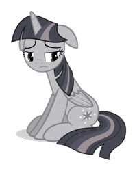 Size: 660x823 | Tagged: safe, artist:sollace, artist:wardex101, edit, twilight sparkle, alicorn, pony, g4, discorded, discorded twilight, female, floppy ears, it begins, looking back, mare, sad, show accurate, simple background, sitting, solo, transparent background, twilight sparkle (alicorn), twilight tragedy, vector