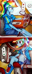 Size: 2189x5078 | Tagged: safe, artist:liaaqila, rainbow dash, equestria girls, g4, boots, car, car interior, clothes, driving, eye clipping through hair, eyebrows, eyebrows visible through hair, female, grin, high res, hoodie, pedal, ponytail, red light, shoes, smiling, solo, traditional art, traffic light