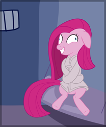 Size: 906x1091 | Tagged: safe, artist:lati the lombax, pinkie pie, earth pony, pony, g4, 2011, asylum, bondage, cell, crazy grin, floppy ears, insanity, pinkamena diane pie, solo, straitjacket