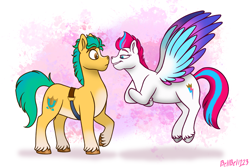 Size: 3629x2440 | Tagged: safe, artist:bella-pink-savage, hitch trailblazer, zipp storm, earth pony, pegasus, pony, g5, my little pony: a new generation, spoiler:my little pony: a new generation, crossed hooves, female, high res, lidded eyes, male, mare, profile, ship:stormblazer, shipping, smiling, smug, smugzipp, stallion, straight
