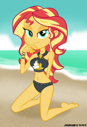 Size: 1994x2900 | Tagged: safe, artist:javisuzumiya, sunset shimmer, equestria girls, equestria girls series, forgotten friendship, g4, bare shoulders, barefoot, beach, beach shorts swimsuit, bedroom eyes, belly button, bikini, breasts, busty sunset shimmer, clothes, eyebrows, eyebrows visible through hair, feet, female, high res, looking at you, sleeveless, smiling, smiling at you, solo, sunset shimmer's beach shorts swimsuit, swimsuit