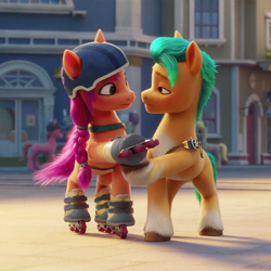 Size: 800x800 | Tagged: safe, screencap, hitch trailblazer, sunny starscout, earth pony, pony, g5, my little pony: a new generation, 3d, cropped, female, helmet, male, mare, out of context, roller skates, shipping fuel, stallion