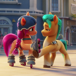 Size: 800x800 | Tagged: safe, screencap, hitch trailblazer, sunny starscout, earth pony, pony, g5, my little pony: a new generation, 3d, cropped, female, helmet, male, mare, out of context, roller skates, rollerblades, shipping fuel, stallion