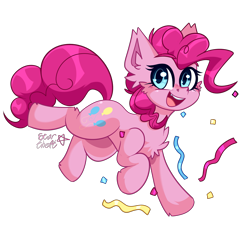 Size: 2221x2060 | Tagged: safe, artist:star-theft, pinkie pie, earth pony, pony, g4, cheek fluff, chest fluff, confetti, cute, cute little fangs, diapinkes, ear fluff, fangs, female, high res, mare, open mouth, simple background, solo, streamers, transparent background