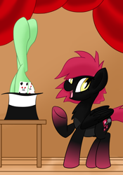 Size: 1750x2500 | Tagged: safe, anonymous artist, oc, oc:jonin, oc:rubellite rhapsody, pegasus, pony, curtains, female, happy, hat, magic trick, male, mare, open mouth, raised hoof, smiling, stallion, top hat, underhoof, wings