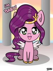 Size: 1379x1839 | Tagged: safe, artist:banquo0, pipp petals, pegasus, pony, g5, my little pony: a new generation, spoiler:my little pony: a new generation, adorapipp, chibi, cute, female, open mouth, pipp is short, pipp is smol, smol, solo, spread wings, text, wings