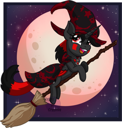 Size: 600x627 | Tagged: safe, artist:happy-go-creative, oc, oc only, oc:amy amulet, alicorn, pony, broom, chibi, commission, flying, flying broomstick, halloween, hat, holiday, night, nightmare night, solo, witch, witch hat, ych result