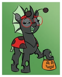 Size: 1504x1860 | Tagged: safe, artist:heretichesh, oc, oc only, oc:yvette (evan555alpha), changeling, insect, ladybug, changeling oc, clothes, costume, cute, cuteling, eyes closed, glasses, gradient background, green changeling, halloween, halloween costume, open mouth, open smile, pumpkin bucket, smiling, solo