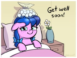 Size: 1752x1332 | Tagged: safe, artist:heretichesh, oc, oc only, oc:angel blossom, earth pony, pony, bed, female, filly, floppy ears, freckles, get well soon, ice pack, looking at you, sheet, sick, smiling, smiling at you, solo