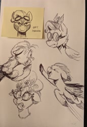 Size: 1413x2048 | Tagged: safe, artist:mellodillo, phyllis cloverleaf, queen haven, sunny starscout, zipp storm, earth pony, pegasus, pony, g5, bust, crown, female, flying, glasses, goggles, jewelry, mare, regalia, sketch, sketch dump, traditional art, worried
