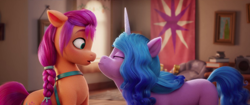 Size: 1920x804 | Tagged: safe, screencap, izzy moonbow, sunny starscout, earth pony, pony, unicorn, g5, my little pony: a new generation, spoiler:my little pony: a new generation, 3d, duo, female, looking at each other, mare, now kiss, open mouth, out of context, shipping fuel, staring contest